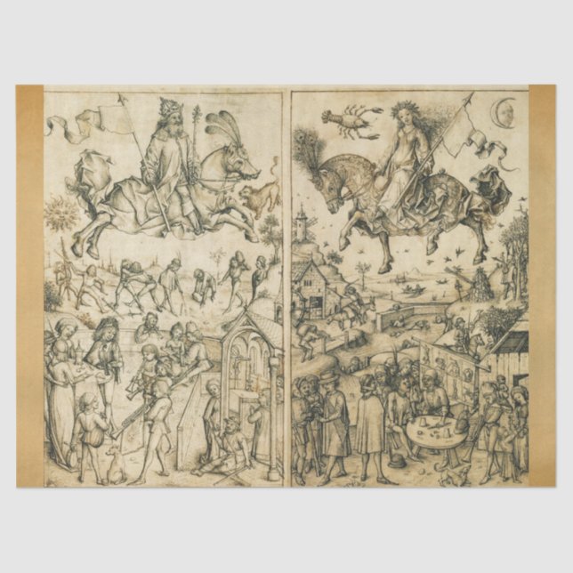 SUN AND MOON Antique Black White Astrology Drawing Tissue Paper (Front)