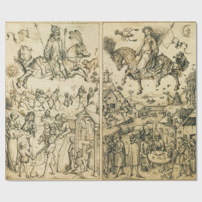 SUN AND MOON Antique Black White Astrology Drawing Wrapping Paper (Flat)