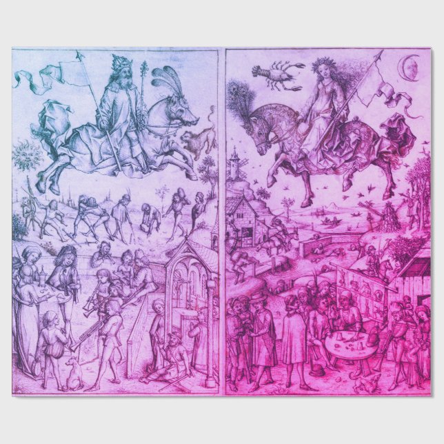 SUN AND MOON Antique Blue Purple Astrology Drawing Wrapping Paper (Flat)