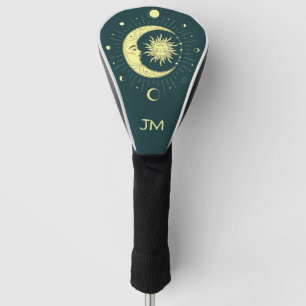 Sun and moon celestial design with moon phases golf head cover