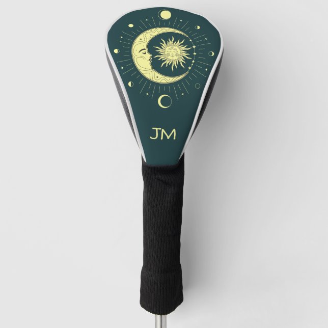 Sun and moon celestial design with moon phases golf head cover (Front)