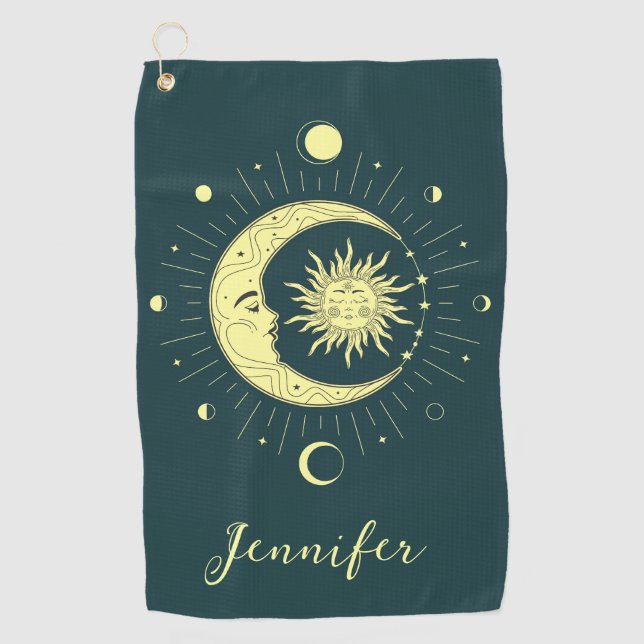 Sun and moon celestial design with moon phases golf towel (Front)
