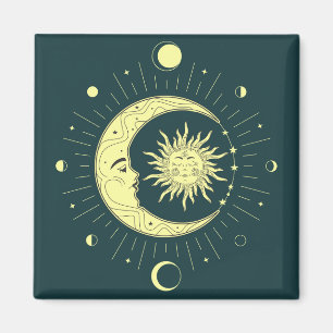 Sun and moon celestial design with moon phases magnet