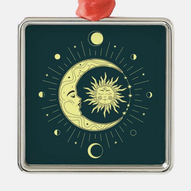 Sun and moon celestial design with moon phases metal tree decoration (Front)