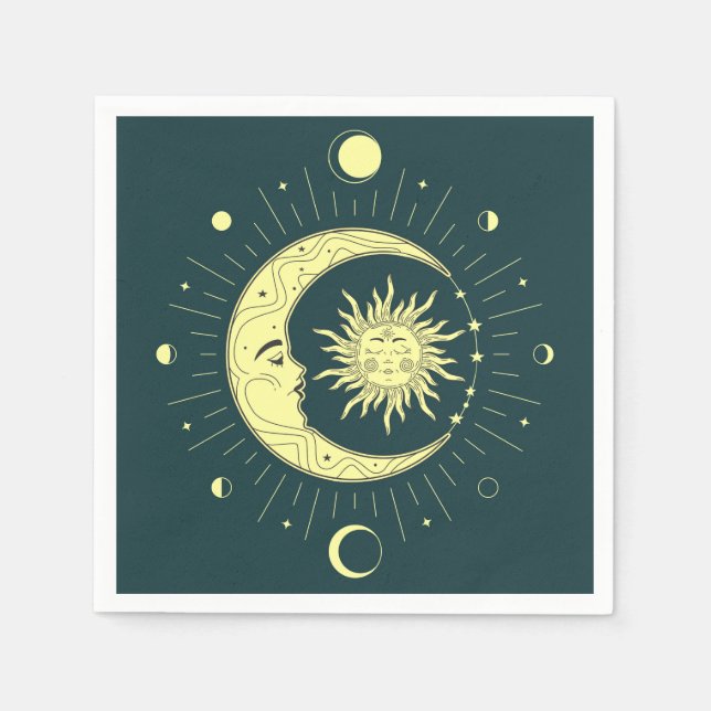 Sun and moon celestial design with moon phases napkin (Front)
