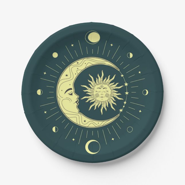 Sun and moon celestial design with moon phases paper plate (Front)