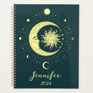 Sun and moon celestial design with moon phases planner
