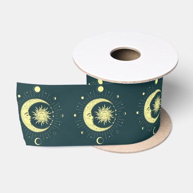 Sun and moon celestial design with moon phases satin ribbon (Spool)