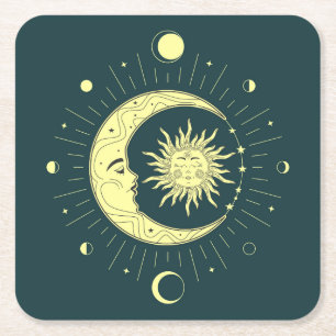 Sun and moon celestial design with moon phases square paper coaster