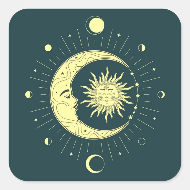 Sun and moon celestial design with moon phases square sticker (Front)