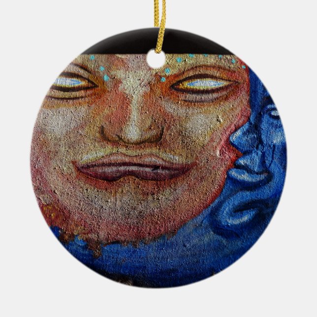 Sun and Moon Face Graffiti Ceramic Tree Decoration (Front)