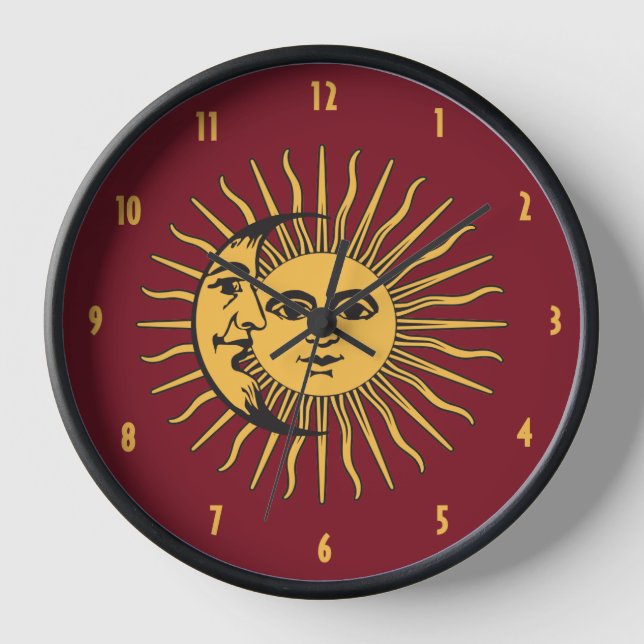 Sun and Moon Faces Boho Gold and Red Clock (Front)