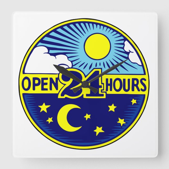 Sun and Moon Open 24 Hours Square Wall Clock (Front)