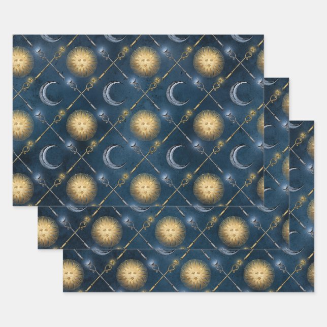 Sun and Moon Pattern on Blue Wrapping Paper Sheet (Set)