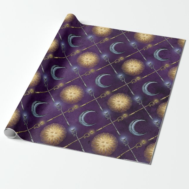 Sun and Moon Pattern on Purple Wrapping Paper (Unrolled)