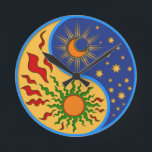 Sun and Moon Yin Yang Colorful Round Clock<br><div class="desc">A Yin Yang sun and moon design in a paper cutout style.</div>