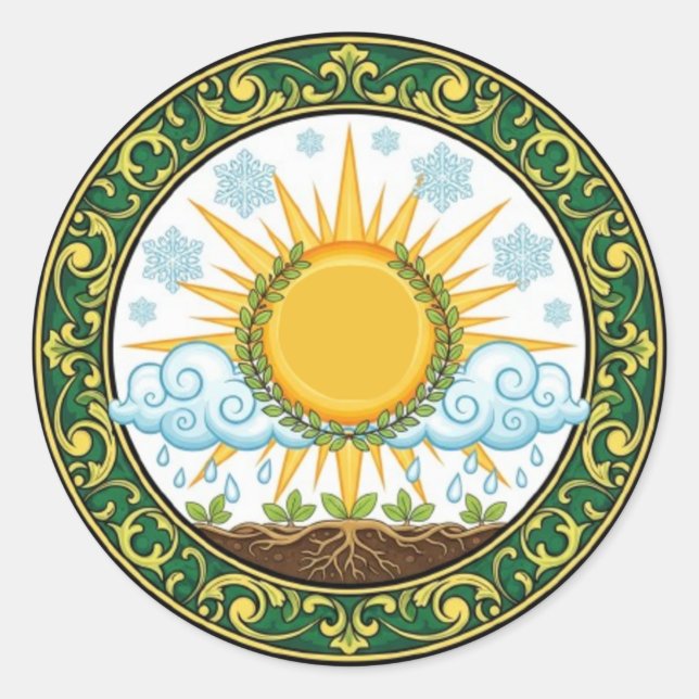 Sun and Rain Nature Cycle Botanical Emblem ART Classic Round Sticker (Front)