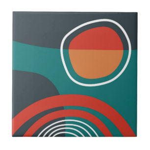 Sun and rainbow blue red white boho artwork tile