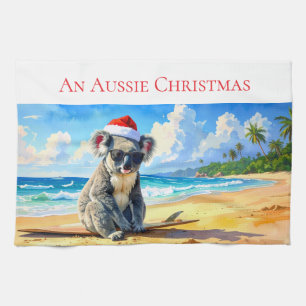 Sun and Surf Koala Santa Hat An Aussie Christmas Tea Towel