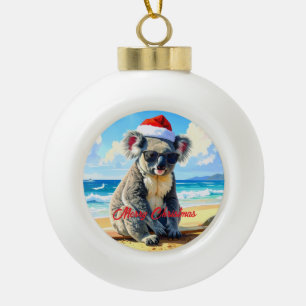 Sun and Surf Koala Santa Hat Ceramic Ball Christmas Ornament