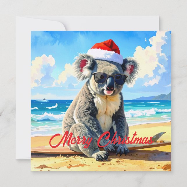 Sun and Surf Koala Santa Hat  Holiday Card (Front)