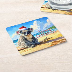 Sun and Surf Koala Santa Hat Square Paper Coaster