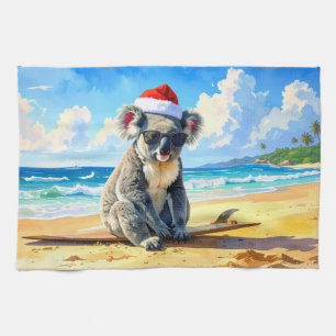 Sun and Surf Koala Santa Hat Tea Towel