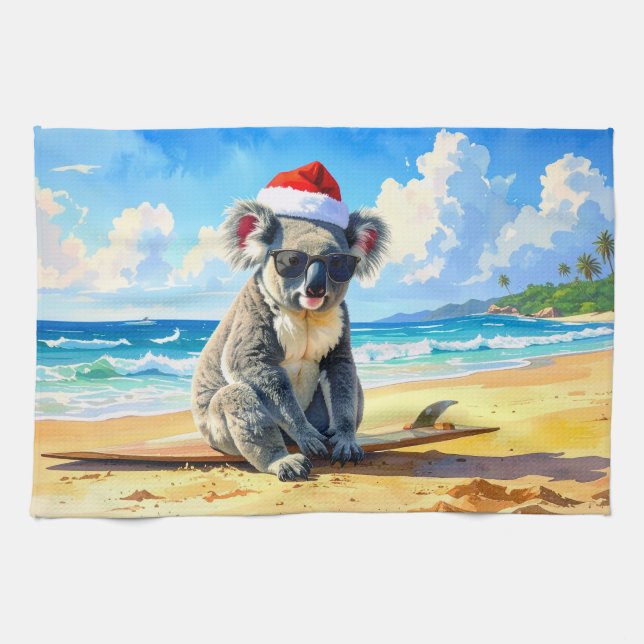 Sun and Surf Koala Santa Hat Tea Towel (Horizontal)