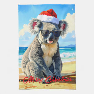 Sun and Surf Koala Santa Hat Tea Towel