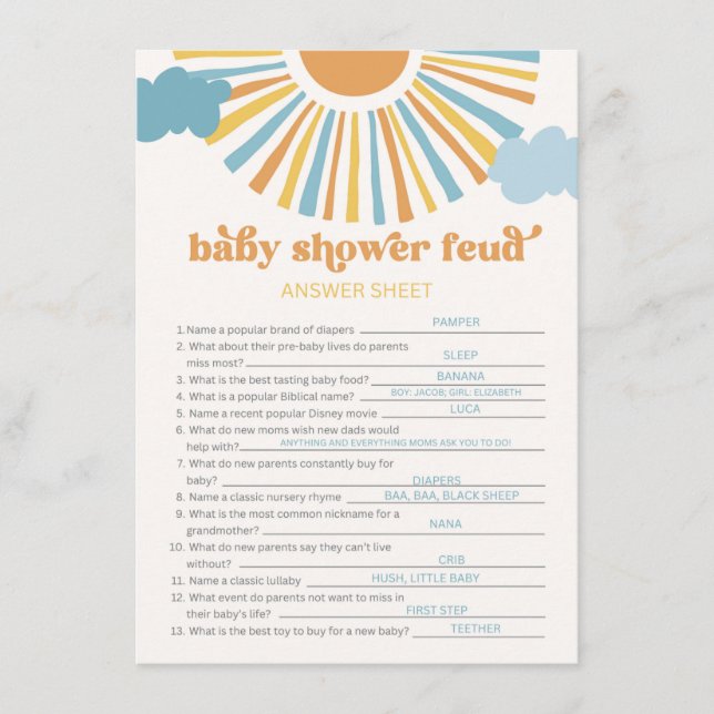 Sun Baby Shower Feud Game Answer Card (Front)