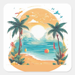 Sun Beach palm tree Square Sticker