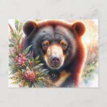 Sun Bear Floral Watercolor Wildlife Postcard
