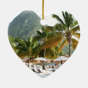 Sun Beds on a beach near the Pitons in St Lucia Ceramic Tree Decoration