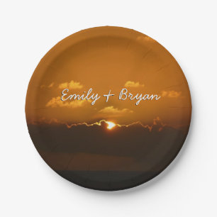 Sun Behind Clouds I Orange Sunset Photo Paper Plate