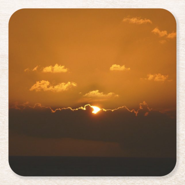 Sun Behind Clouds I Orange Sunset Photo Square Paper Coaster (Front)