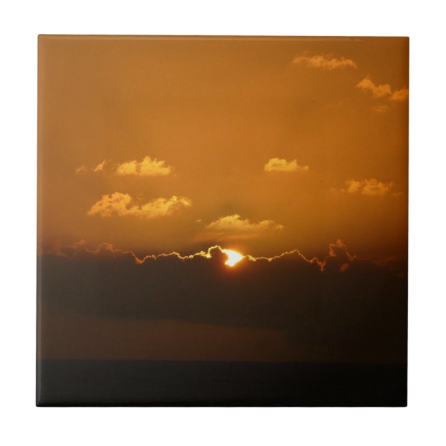 Sun Behind Clouds I Orange Sunset Photo Tile (Front)
