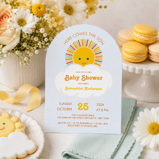 Sun Boy Baby Shower Here Comes the Son Cute Blue  Invitation