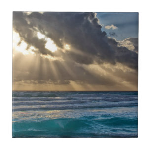 Sun Breaking Through Clouds Over Sea Tile