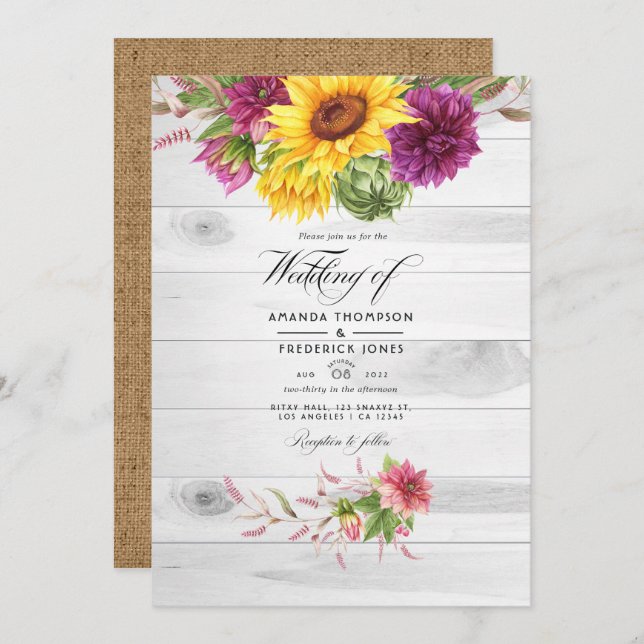 Sun & Burgundy Floral QR Code RSVP Rustic Wedding Invitation (Front/Back)