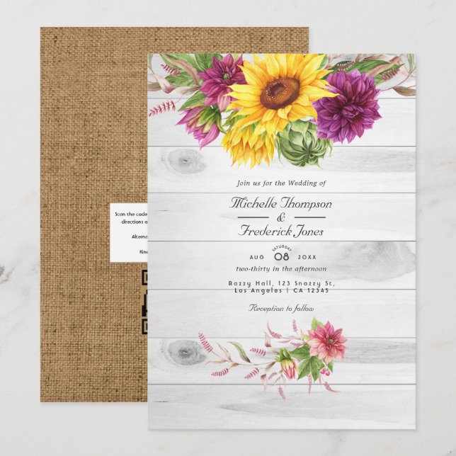 Sun & Burgundy Plum Floral Rustic QR Code Wedding Invitation (Front/Back)