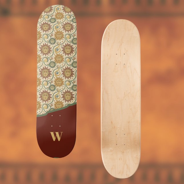 Sun Celestial Vintage Burgundy Green Gold Pattern Skateboard (Creator Uploaded)