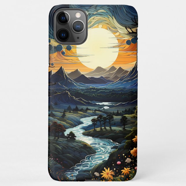 Sun Cloudy Mountain Pointillism Style iPhone Case (Back)