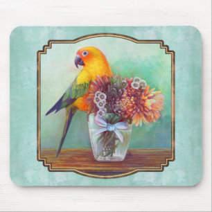 Sun conure and flowers mouse mat