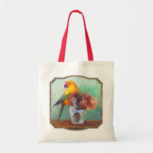 Sun conure and flowers tote bag