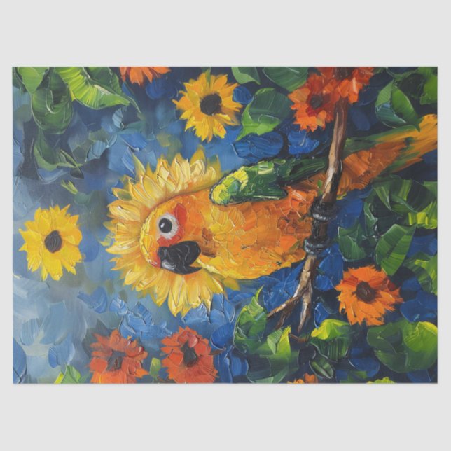 Sun Conure Parrot Oil Painting Floral Decoupage Tissue Paper (Front)
