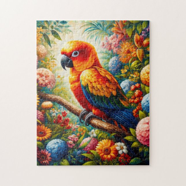 Sun Conure Parrot with Colourful Flowers Jigsaw Puzzle (Vertical)