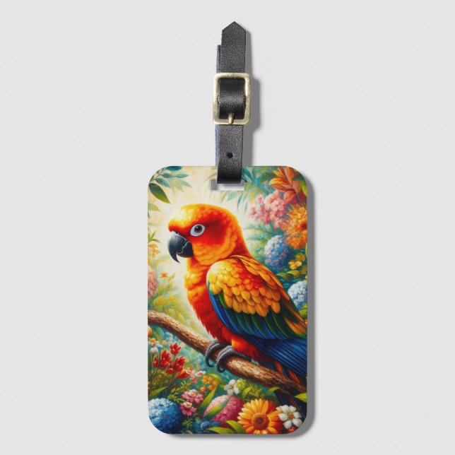 Sun Conure Parrot with Colourful Flowers Luggage Tag (Front Vertical)