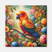 Sun Conure Parrot with Colourful Flowers