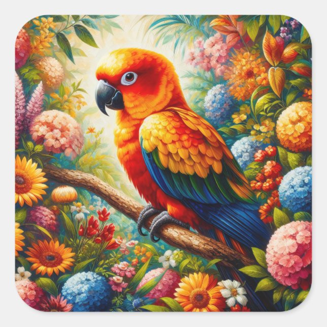 Sun Conure Parrot with Colourful Flowers Square Sticker (Front)