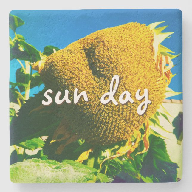 Sun Day Quote Script Yellow Sunflower Photo Stone Coaster (Front)